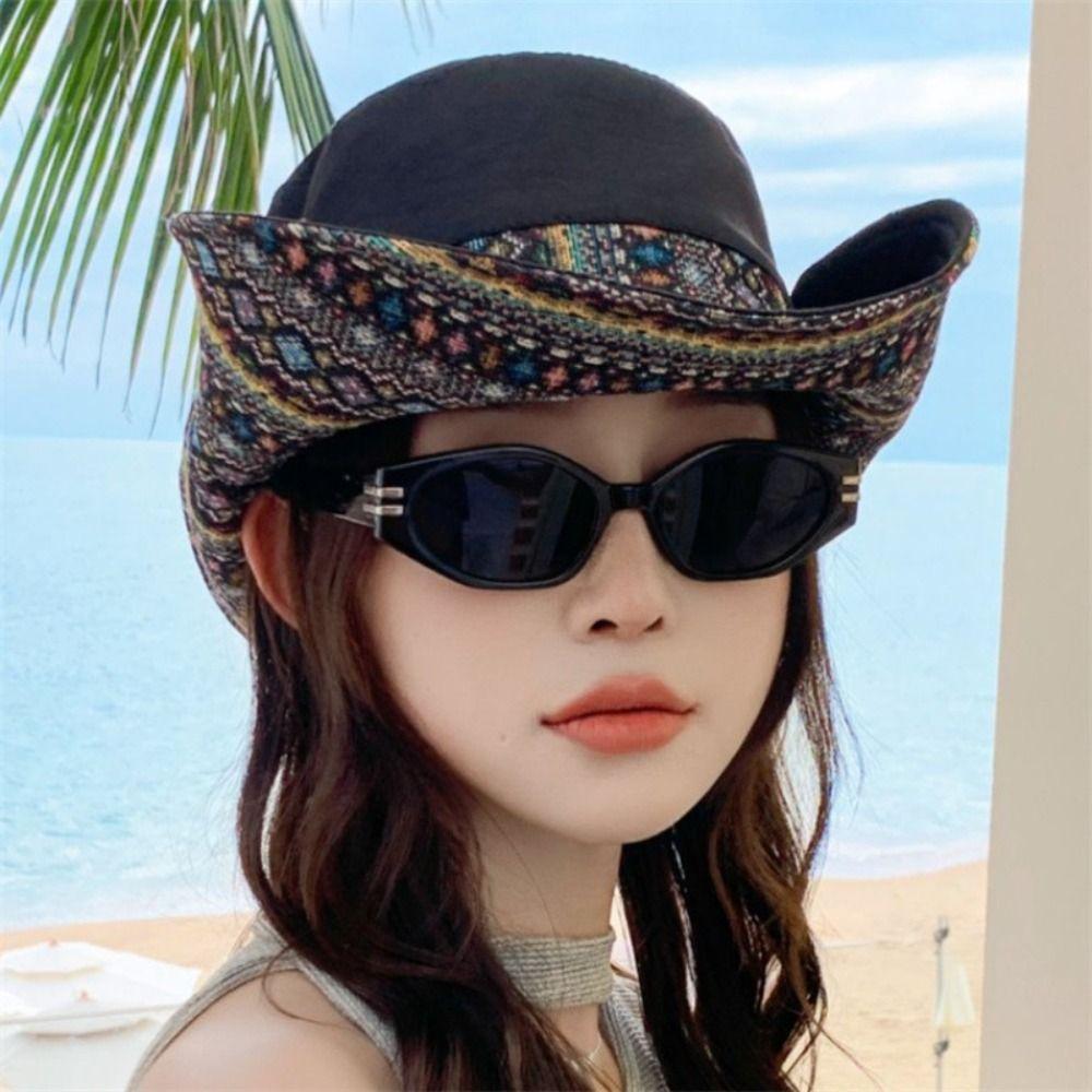 Floral Printed Women's Sun Hat Wide Brim Mountain Climbing Hat Retro Wide Brim Bucket Hat  Travel