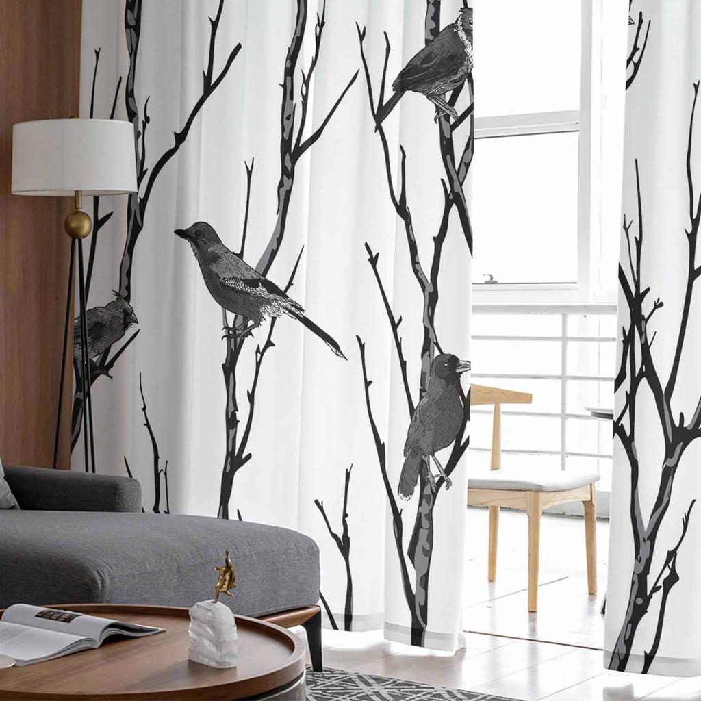 Abstrakte Silhouette von Zweig Vogel Tiere Tüll-Fenstervorhänge für Schlafzimmer Luxus Heimvorhänge im Wohnzimmer Chiffon-Paneele