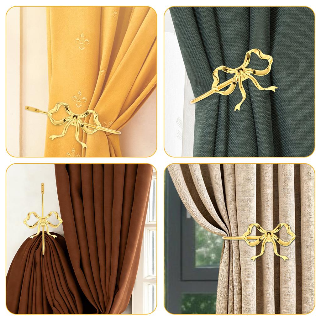 2Pcs Metal Bow Curtain Holdback Decorative Gold Bow Knot Curtain Tieback Modern Window Drapery Holdback Hook for Home Bedroom