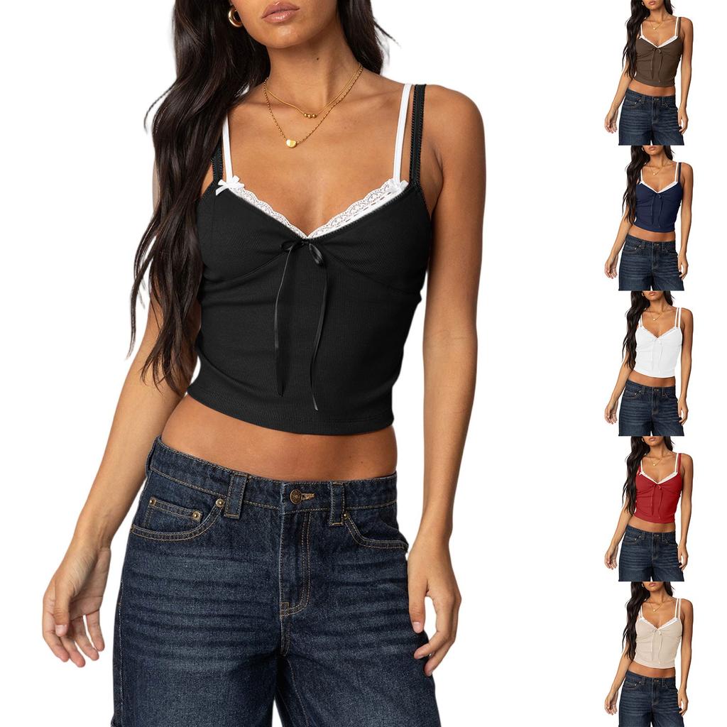 Women's Fashion Casual Summer Sexy Solid Color Lace Stitching Low Cut Camisole Top