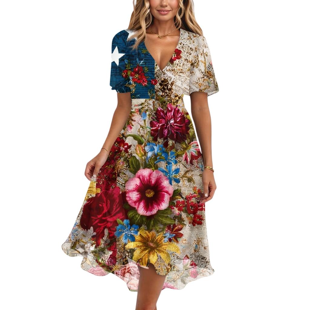 Women's Fashionable Casual V-neck Short-sleeved Independence Day Printed Dress