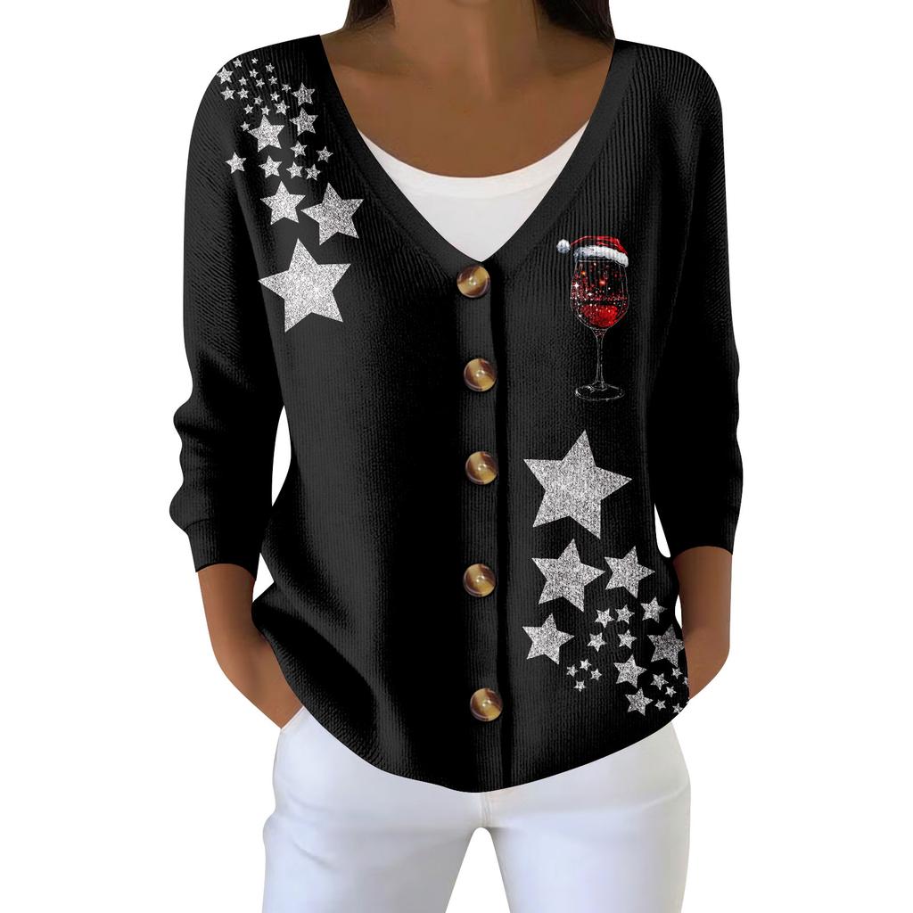 Women's Fashion Long Sleeve Christmas Snowman Snowflake Print Jacket Cardigan