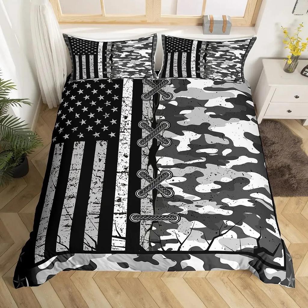 Jungen Armeegrün Bettbezug Set Doppel King Size, Klassisches Camouflage Bettwäscheset, USA Soldat Silhouette Bettdeckenbezug Steppdeckenbezug