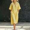 Women's V Neck Half Sleeve Loose Fit Button Decor Linen Blend Midi Shirt Dress