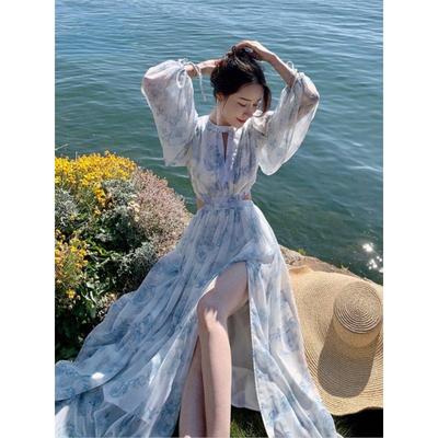 Vintage Beach Floral Midi Φόρεμα Γυναικείο Κομψό Hollow Out Κορεατικό γιορτινό σχιστό φόρεμα Γυναικείο casual μακρυμάνικο φόρεμα Fairy Party