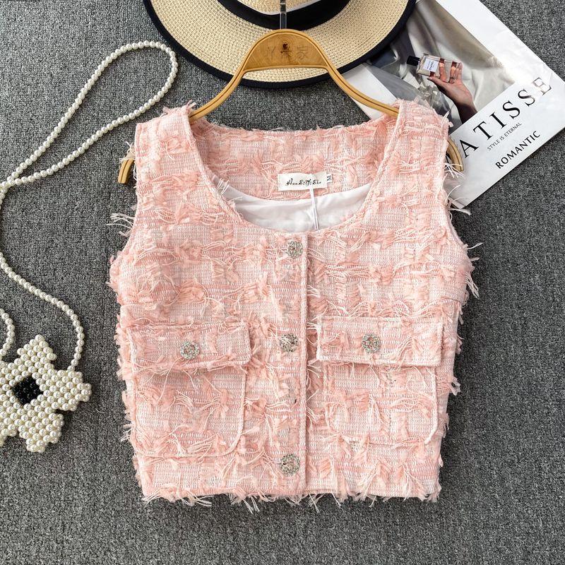 

Classic Style Tassel Tweed Casual Short Vest Pink M