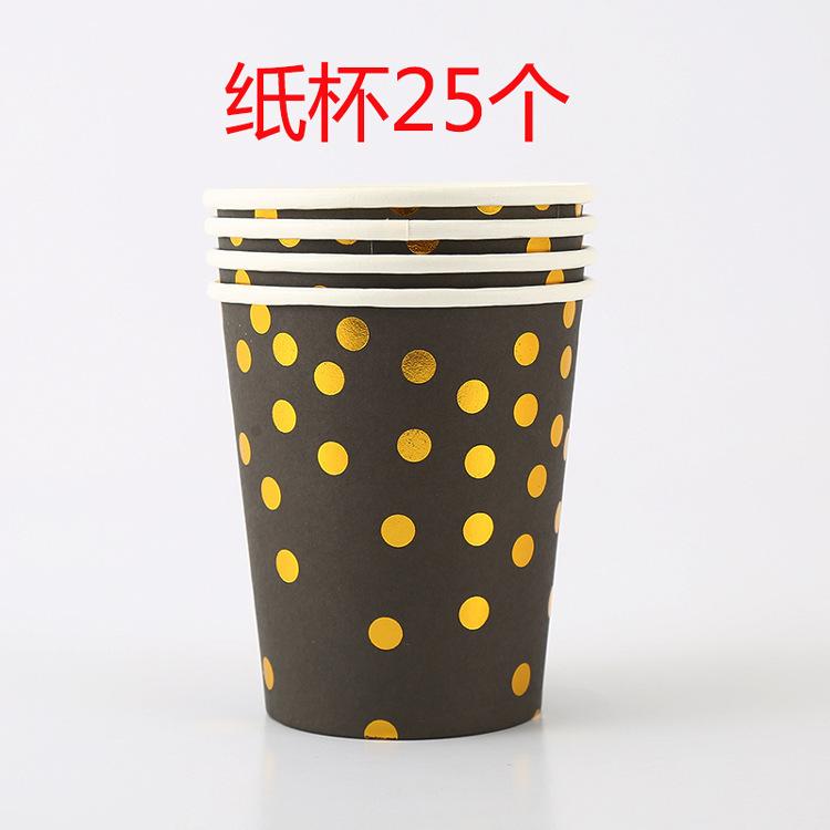 Jednorazowy zestaw talerzyków i kubeczków papierowych z motywem urodzinowym w złote kropki, wraz ze sztućcami