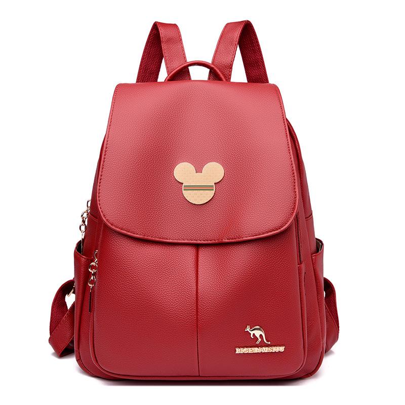 Schoolbag Kangaroo Anti-theft Backpack Women's 1011 New Fashion Versatile Soft Leather Women's Backpack Lightweight Travel Book Bag