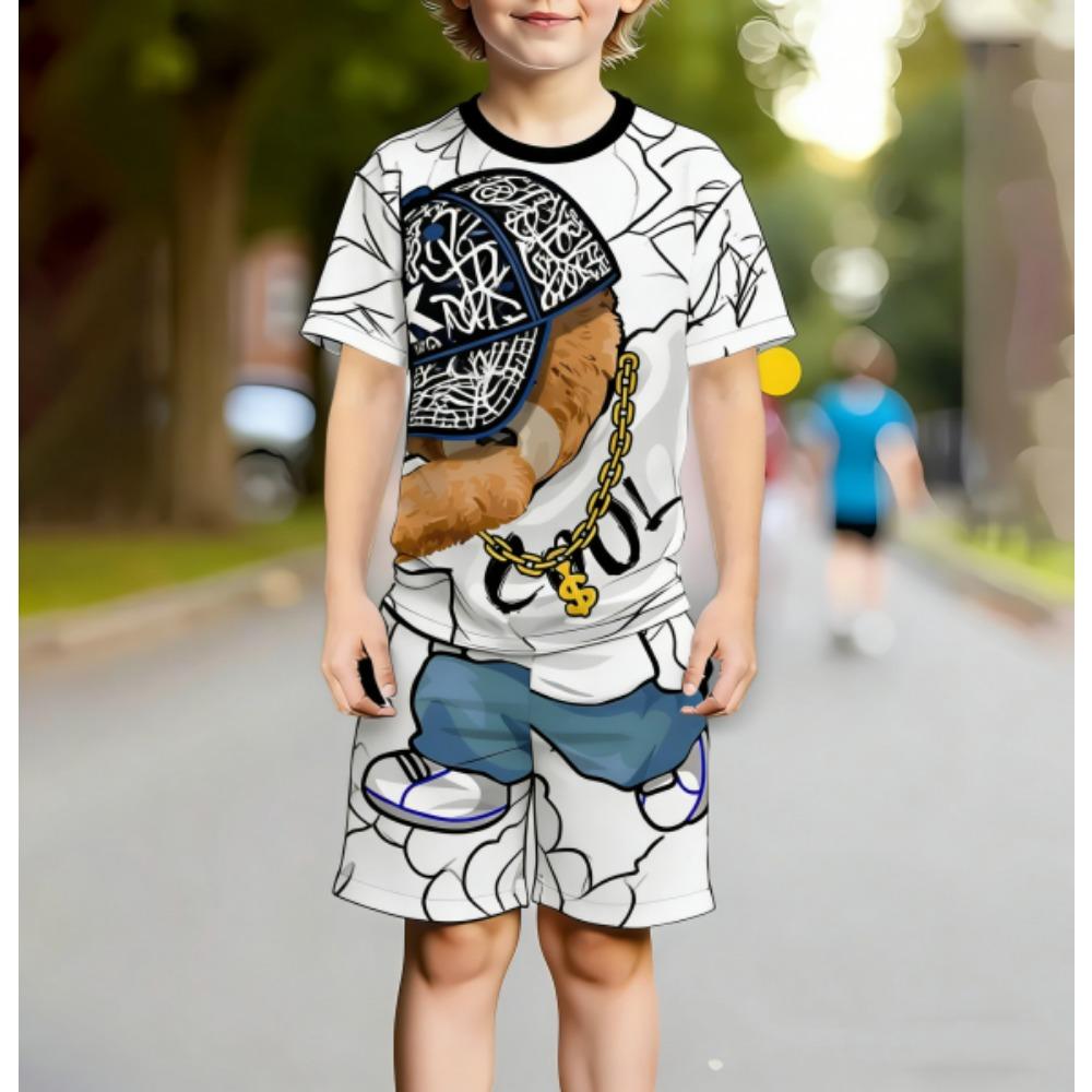 Europe and America Hip Hop Bear Men's Set Summer Men's T-shirt and Shorts 2 Piece Set Outdoor Casual Men's and Women's Outfit