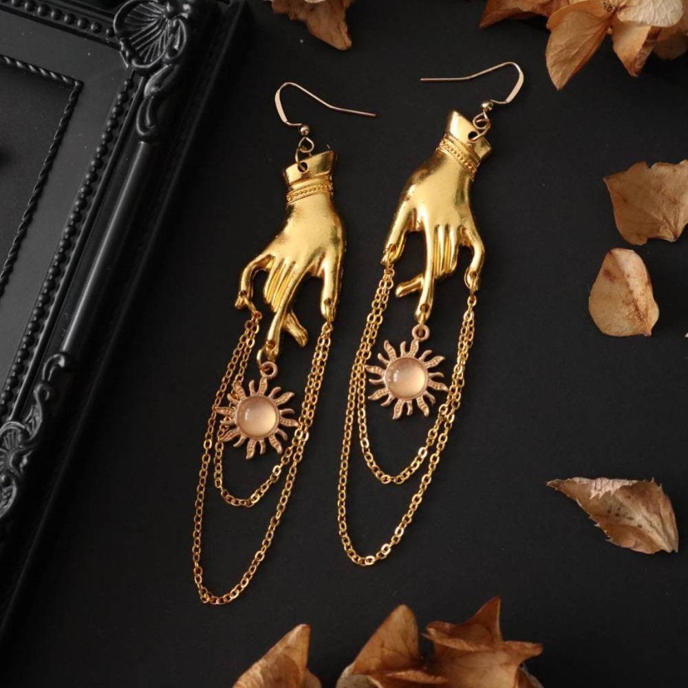 Gotische Hip Hop Goldfarbe Hände Sonne Mikro-Inlay Edelstein Metallkette Quasten Hängeohrringe für Damen Halloween Party Schmuck