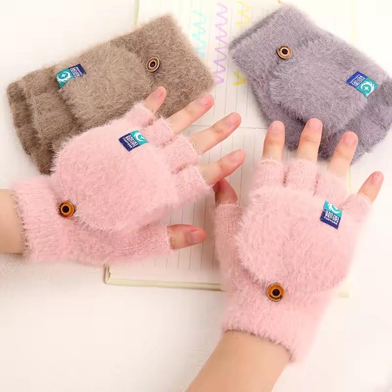 Plush Fingerless Gloves Female Winter Soft Warm Student Women Flip Gloves Outdoor Writing Gloves Thickened Cold Protection