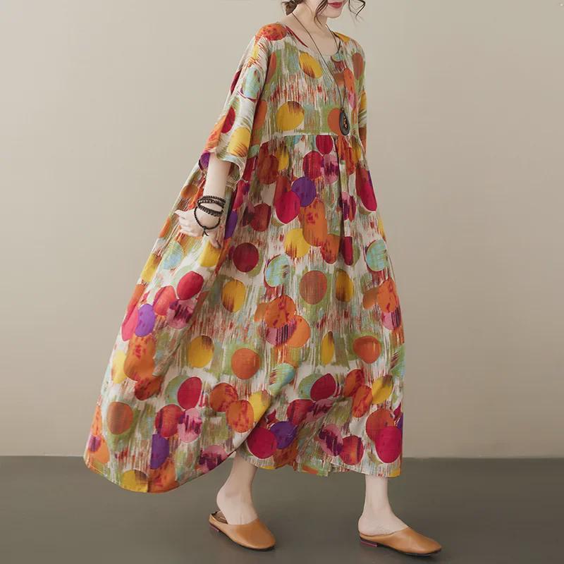 Boho dlhá sukňa letné šaty: Plus Size, Okrúhly výstrih, Krátky rukáv, pre ženy stredného a staršieho veku.