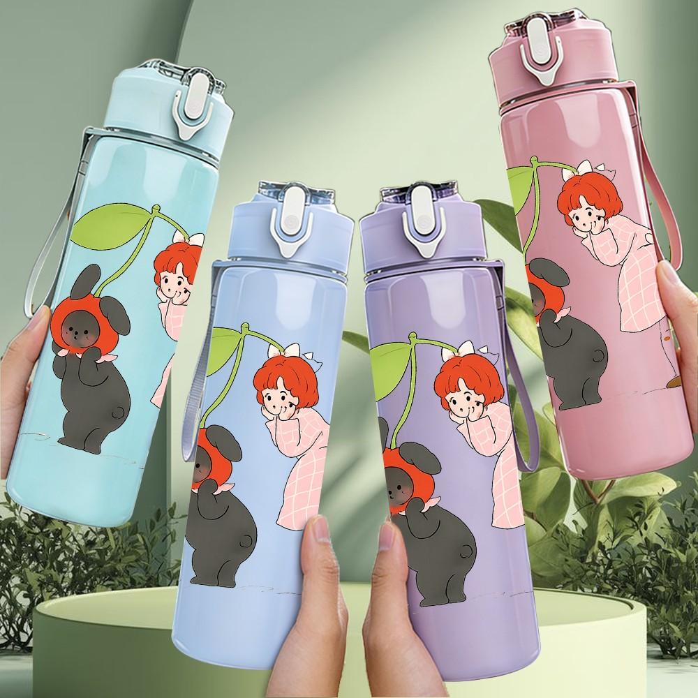 1PC Girl Bird Retro Cute Cartoon Print 750ml Color Plastic Sports Water Bottle Leakproof Flip Straw Lid Suitable for Sports Office Home Use