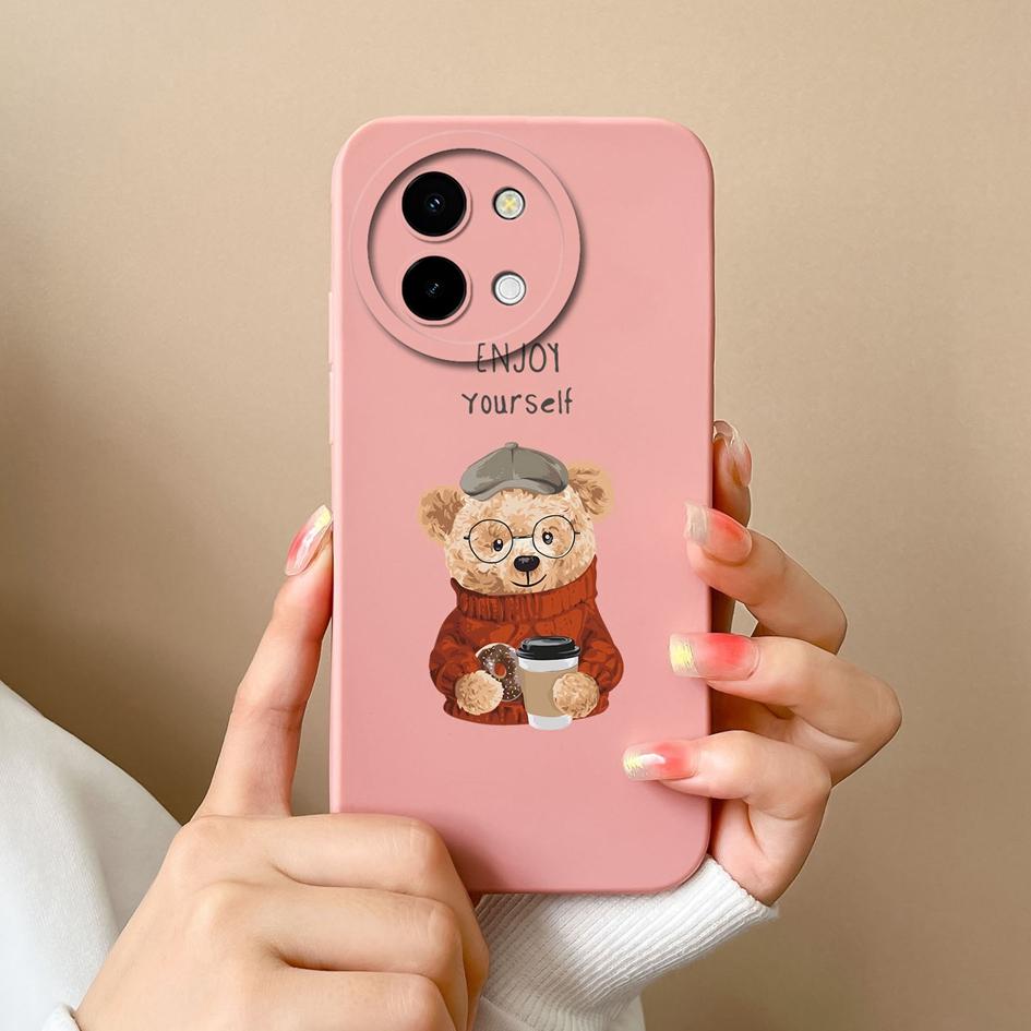 Cute Bear Cartoon Pattern Shell For Vivo T3x Y03 Y28 Y38 Y200i T3 X Cover Bumper Screen Protector Lens Protection Liquid Silicone Soft Phone Bags Case