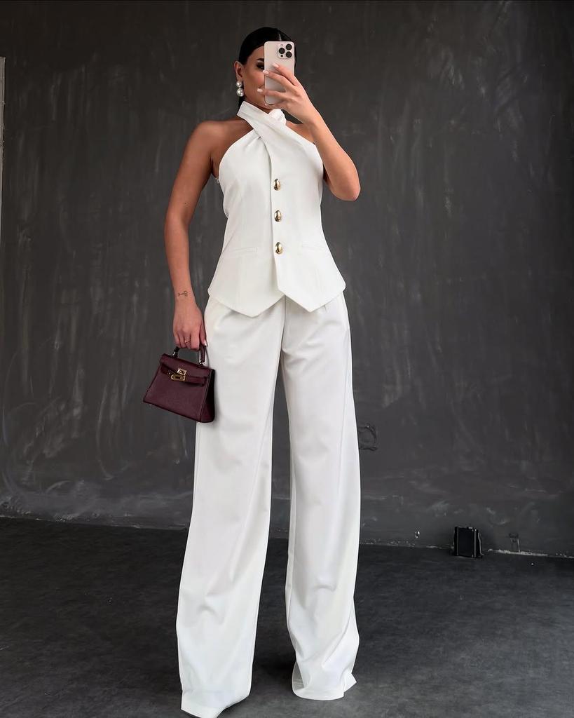 2025 Summer Women's Halter Top & High Waist Long Pants Set - European & American Style