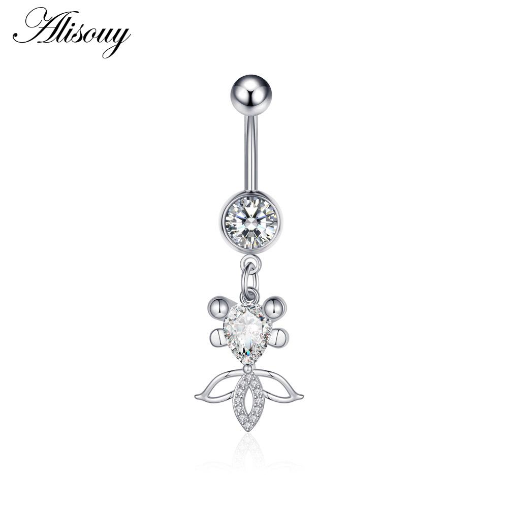 Alisouy 1pc Zircon Sexy Long Belly Ring Star Sun Moon Heart Navel Piercing Surgical Steel Women Belly Button Ring Navel Jewelry