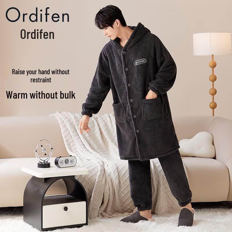 Oudifen Men s Warm Coral Fleece Home Wear Set 2XL