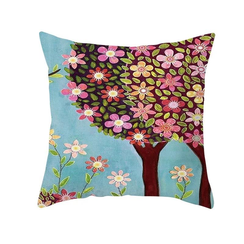 Home Decor Colorful Tree & Flower Pattern Pillow Covers Pattern Cushion Cover Suitable For Sofa Bedroom Car Pillow Cover