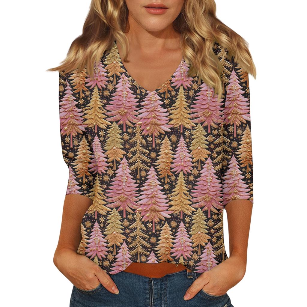 Women's Casual Fashionable Sexy Comfortable V-Neck Christmas Three-Quarter Sleeve Top