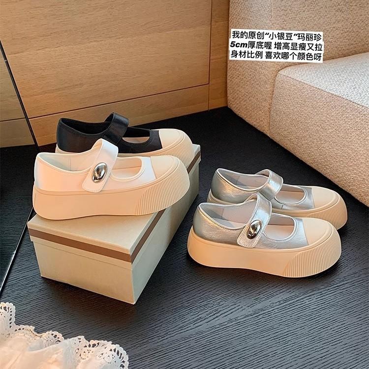 

Su Yinyin s same small silver bean~ 5cm height increase Velcro inner height increase shallow mouth Mary Jane shoes round head casual board shoes 35 чёрный