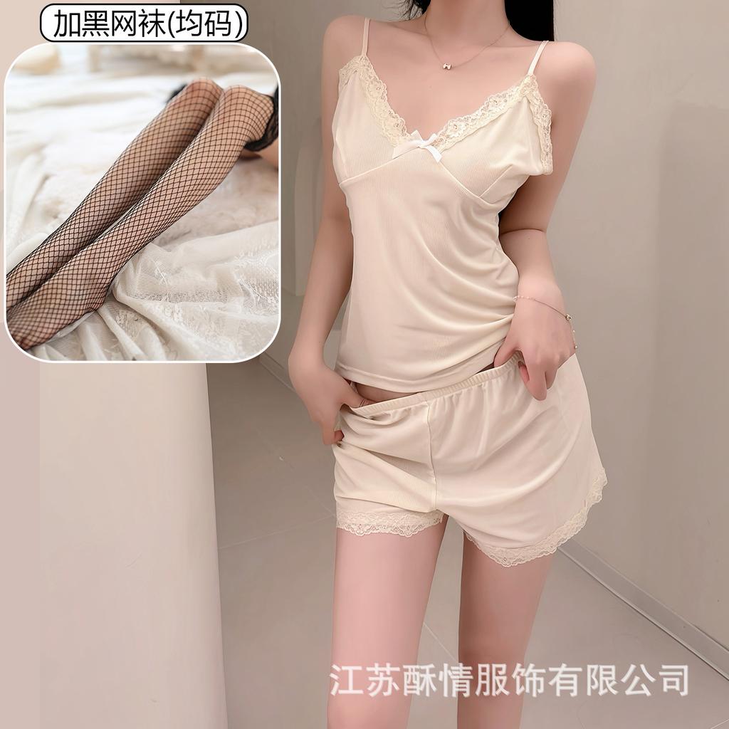 Crispy pajamas women's spring and summer girls' pure desire suspender shorts lace flower sexy pink loungewear set