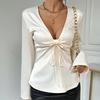 European and American sexy tops v-neck bow lace-up long-sleeved women's shirts new high-end shirts