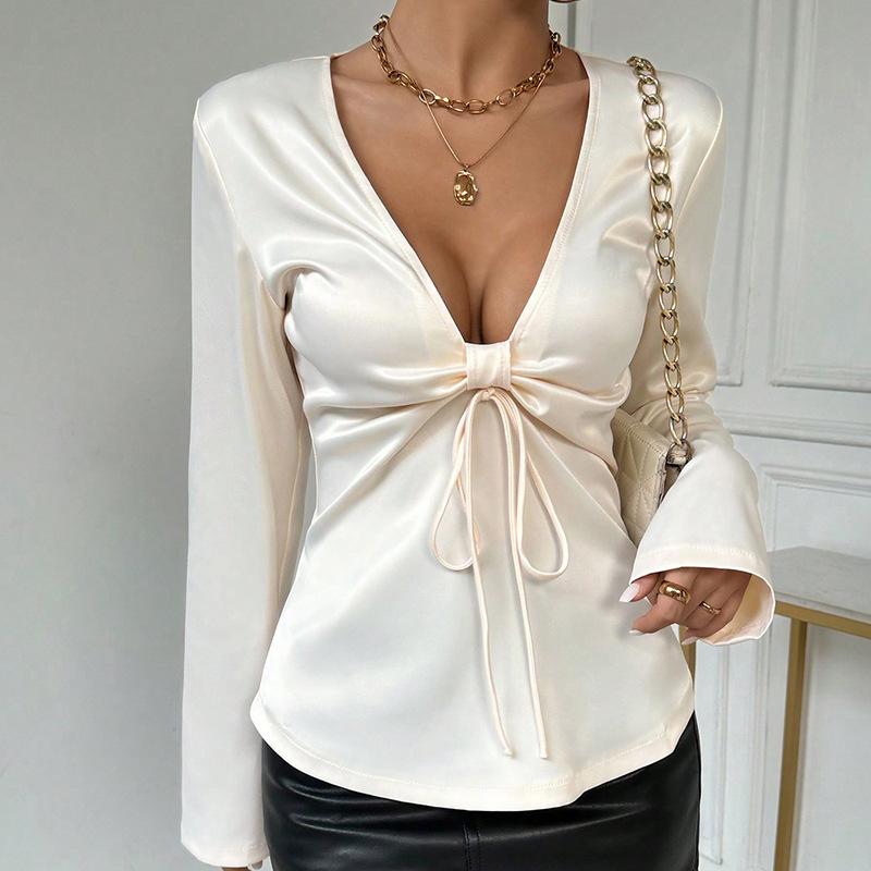 European and American sexy tops v-neck bow lace-up long-sleeved women's shirts new high-end shirts
