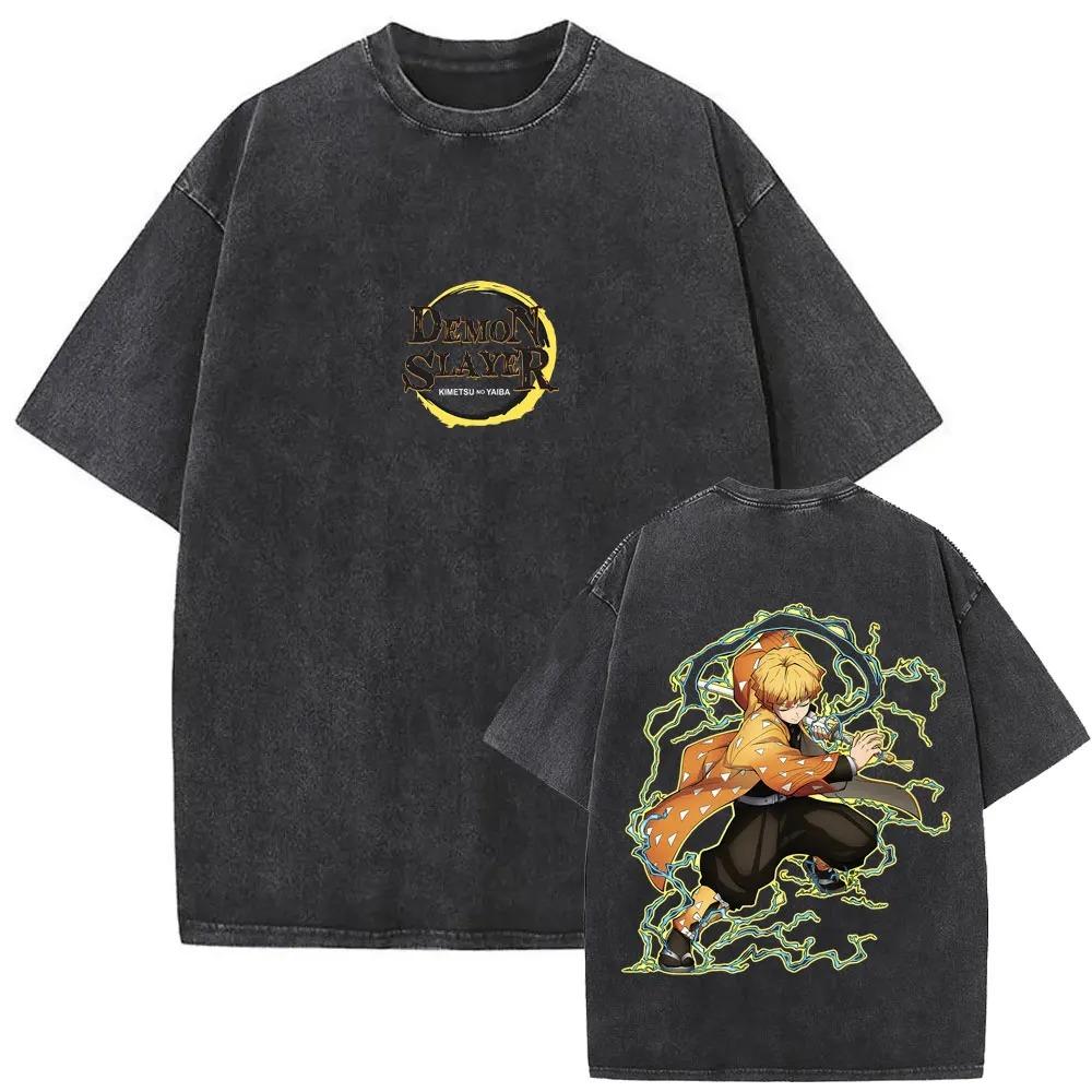 

Washed Vintage Anime Demon Slayer Agatsuma Zenitsu Double Sided Print Tshirt Unisex Women Cartoon Fashion Oversized L