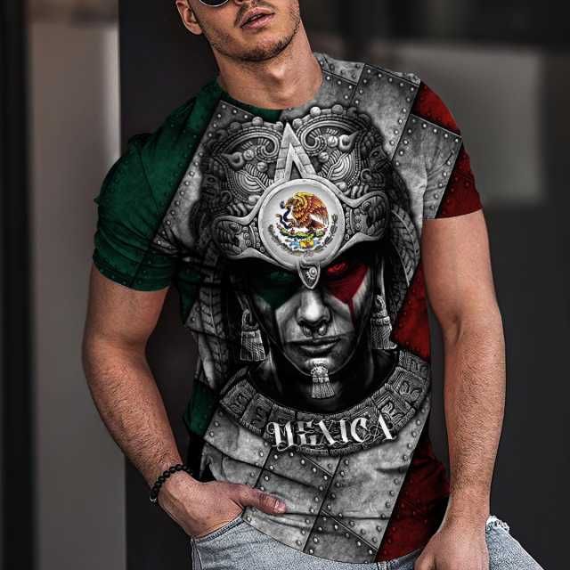 Summer Round Neck 3D Aztec Inspired Pattern Print Top Fashionable Casual Short Sleeved Men's T-shirts