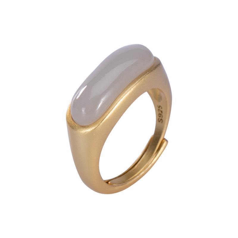 Natural An Purple Jade Long Oval Opening Adjustable Ring Chinese Retro Bohemian Elegant Women'S  Jewelry