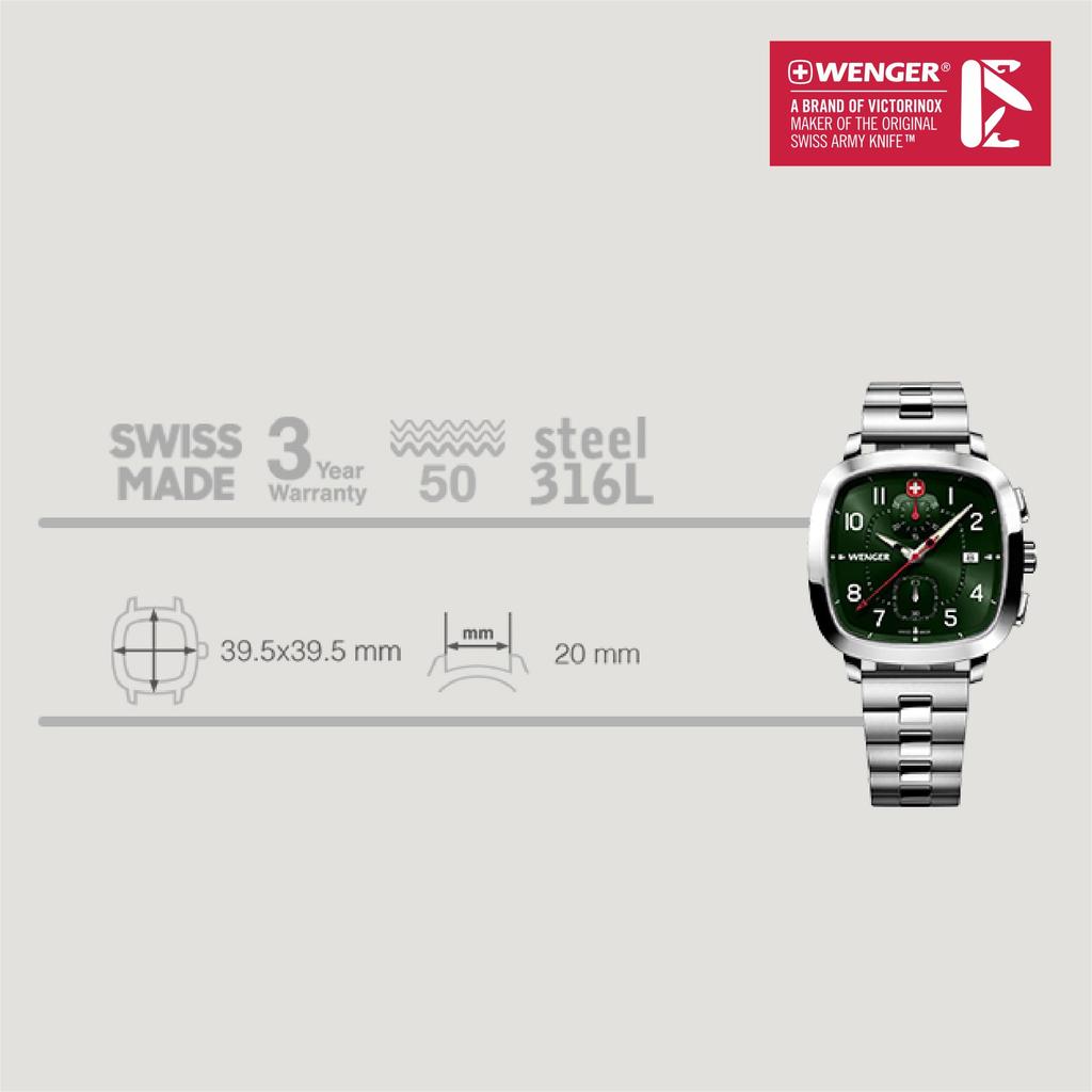 Wenger Relógio Cronógrafo Esportivo VINTAGE Cronógrafo Caixa de Aço Inoxidável Mostrador Verde Pulseira de Aço Inoxidável Prateada Quartzo Resistente à Água 50m Presente Analógico