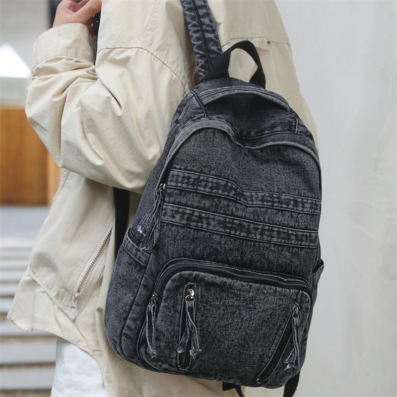 Denim Backpack Large Capacity Student Schoolbag Travel Commuter Backpack