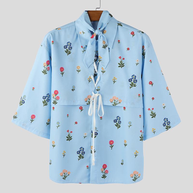 INCERUN Men Lapel Neck Short Sleeve Floral Print Lace-up Casual Hawaiian Summer Shirts 4XL