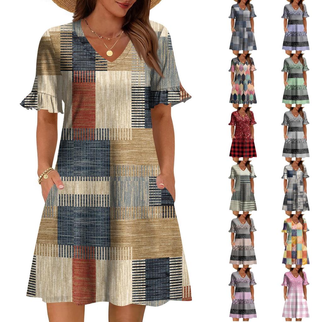 Women A Line Sun Dress Short Sleeve V Neck Printed Dress With Pockets