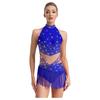 Womens Latin Dance Leotard Sleeveless Mock Neck Patchwork Rhinestones Tassels Adorned Gymnastics Costume