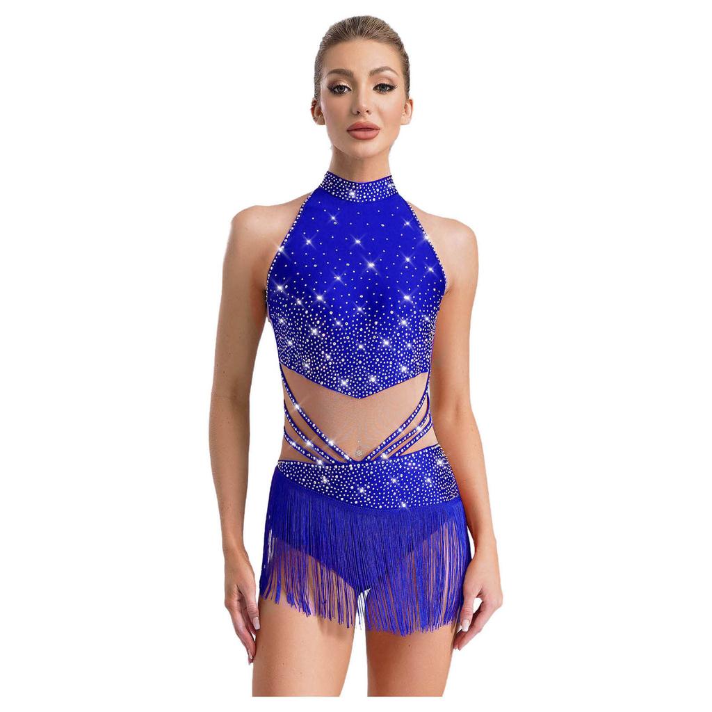 Womens Latin Dance Leotard Sleeveless Mock Neck Patchwork Rhinestones Tassels Adorned Gymnastics Costume