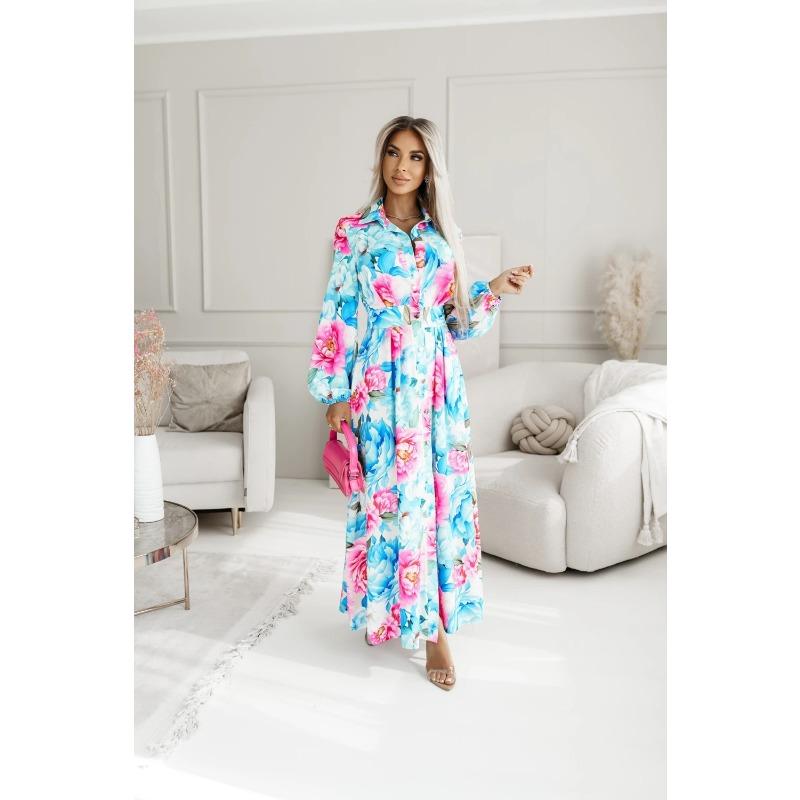 Elegant Women's Long Sleeve Floral Print Shirt Collar Midi Dress, Autumn Party Loose Belted Dress Casual Fashion with Lantern Sleeve Button Clothing