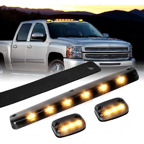 3X LED Cab Marker Lights Smoked Lens Amber Cab Top Roof Running Light Assembly Compatible with Silverado/Sierra 1500 2500 2500HD 3500 3500HD 2014