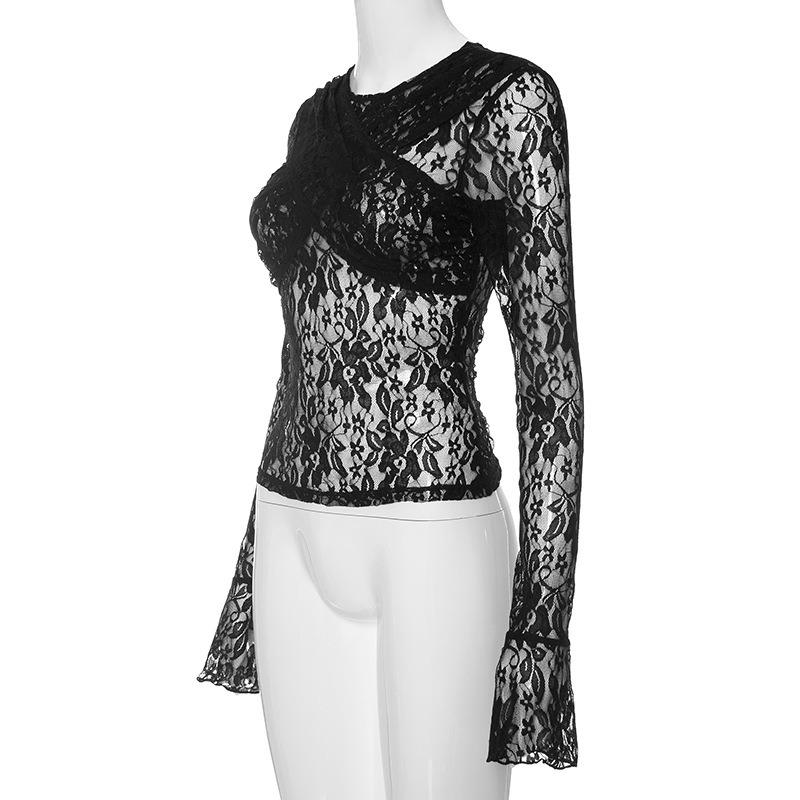 Fashion See Through Lace Round Neck Sexy T-shirt Women Cross Wrapped Chest Flare Sleeve T Shirts Woman Elegant Street Slim Fit Lady Tee Tops 26137