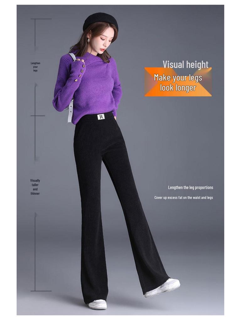 Damskie spodnie sztruksowe z wysokim stanem i aksamitną podszewką – Rozmiar plus, Luźne, Wyszczuplające, Lekko rozszerzane, Długie spodnie na jesień/zimę.