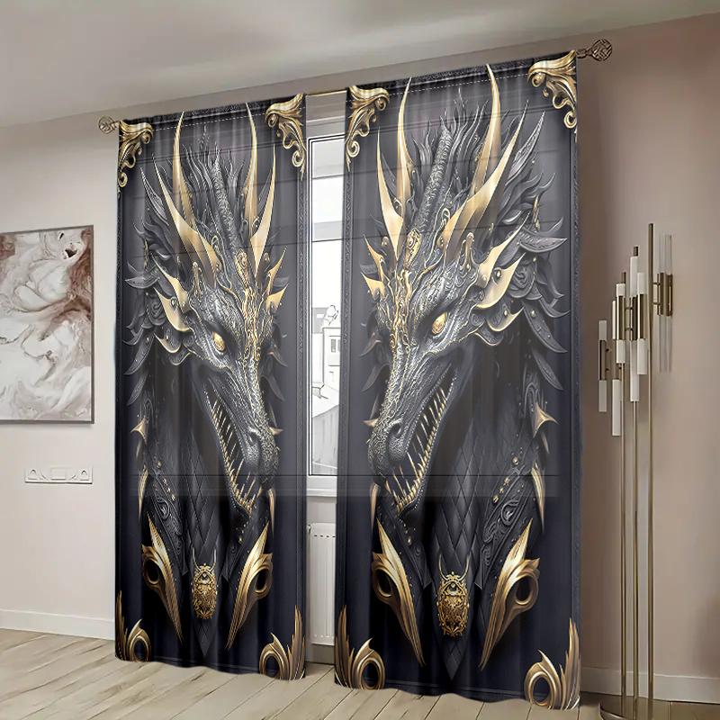 2 Pieces, Black Gold 3D Majestic Dragon Totem Curtains - Semi Blackout - Suitable for Living Room, Bedroom, Kitchen, Home Decora
