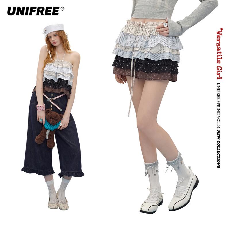 UNIFREE Korean Style Polka Dot Patchwork Mini Skirt One Size
