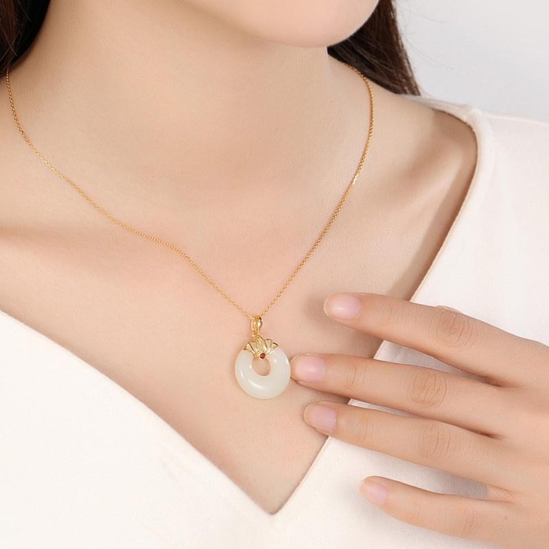 Natural Hetian Jade Lotus White Chalcedony Necklace For Women