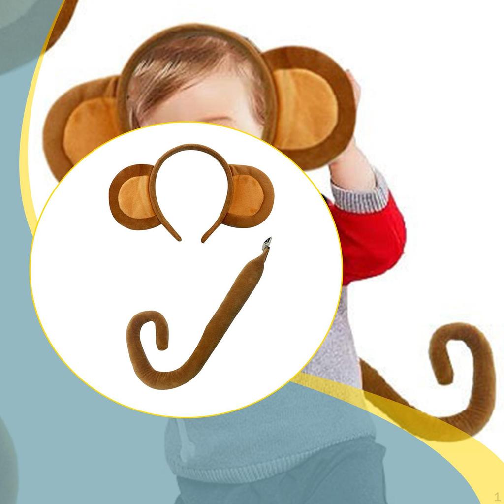 Zestaw Uszu i Ogonu Małpy Uroczy, Akcesoria Kostiumowe na Imprezy Tematyczne Zwierzęta