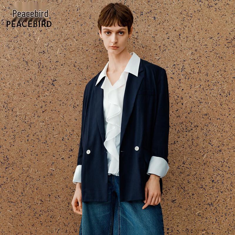 PEACEBIRD Women s Summer Linen Blend Double-Breasted Blazer M темно-синий
