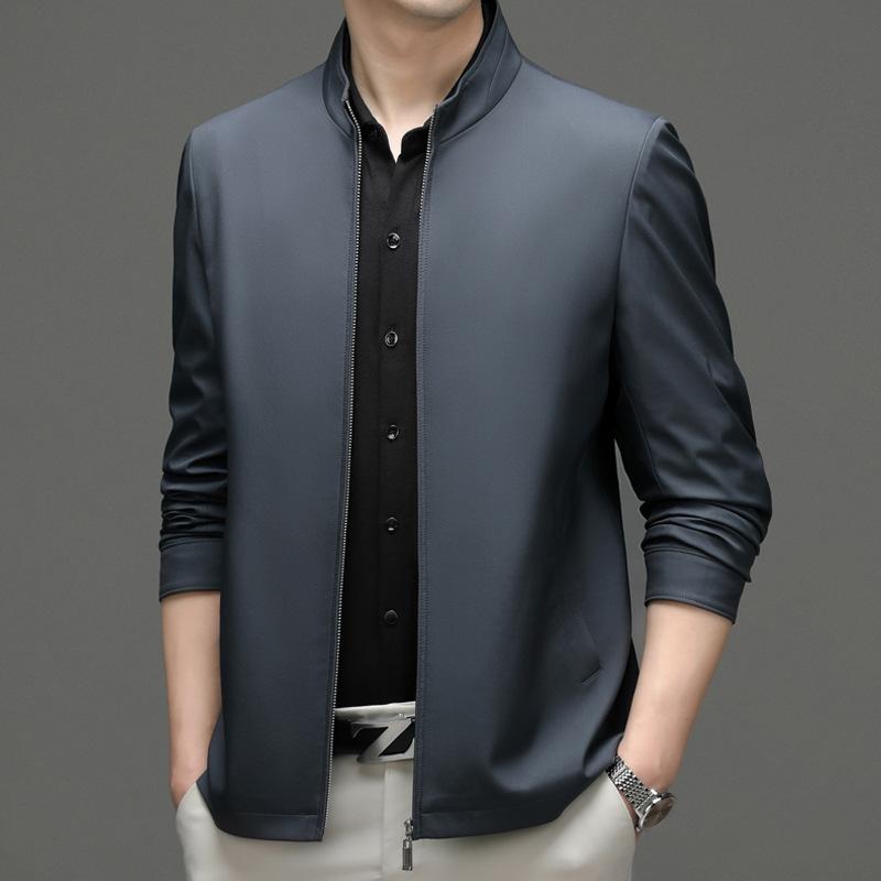 Spring New Solid Color Zipper Jacket Men's Trend Casual Stand-up Neck Jacket Middle-aged Formal Coat