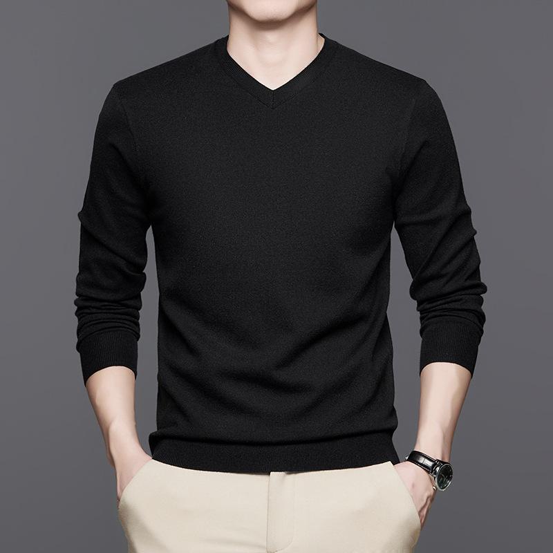 

Мужской осенне-зимний свитер для мужчин среднего возраста, с V-образным вырезом, универсальный, однотонный, вязаный, для ношения под низ 190 чёрный