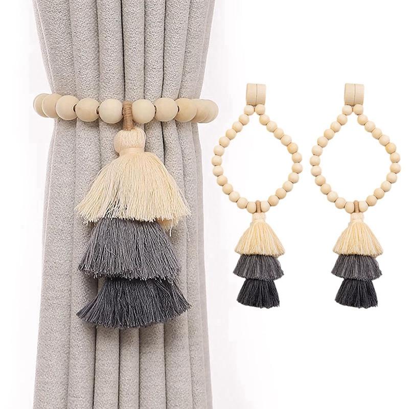 2 Pack Magnetic Curtain Tiebacks Wood Beads and Woven Rainbow Pendant Elegant Decorative Tie Backs for Drapes Window Curtains
