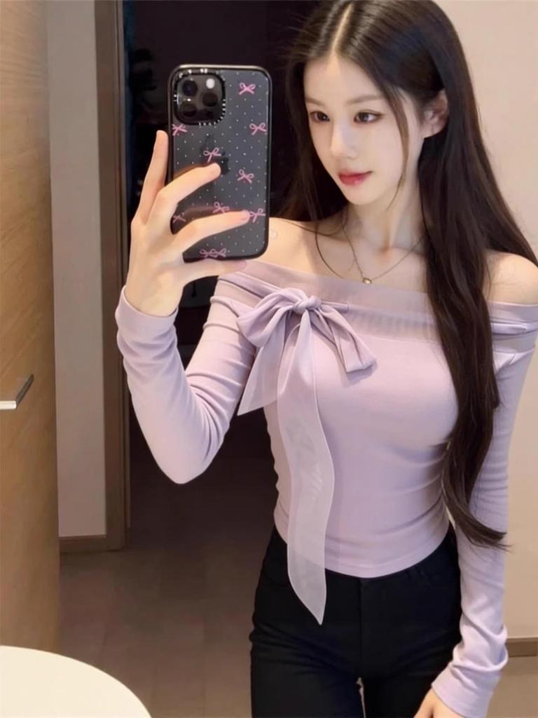 Women's Purple Mesh Lace-Up One-Shoulder Knit Top - Autumn/Winter, Slim-Fit, Off-Shoulder Long Sleeve, Stunning Pure Desire Style
