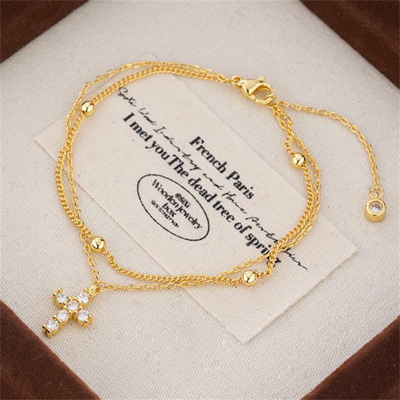 Fashion Gold Color Double Layers Crystal Cross Copper Chain Bracelet For Women Girls Adjustable Charm Bracelet Jewelry Gifts